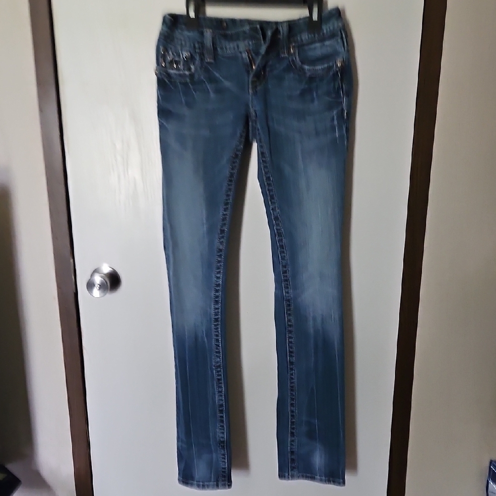 Miss Me Blue Straight Leg Jeans with Subtle Fading